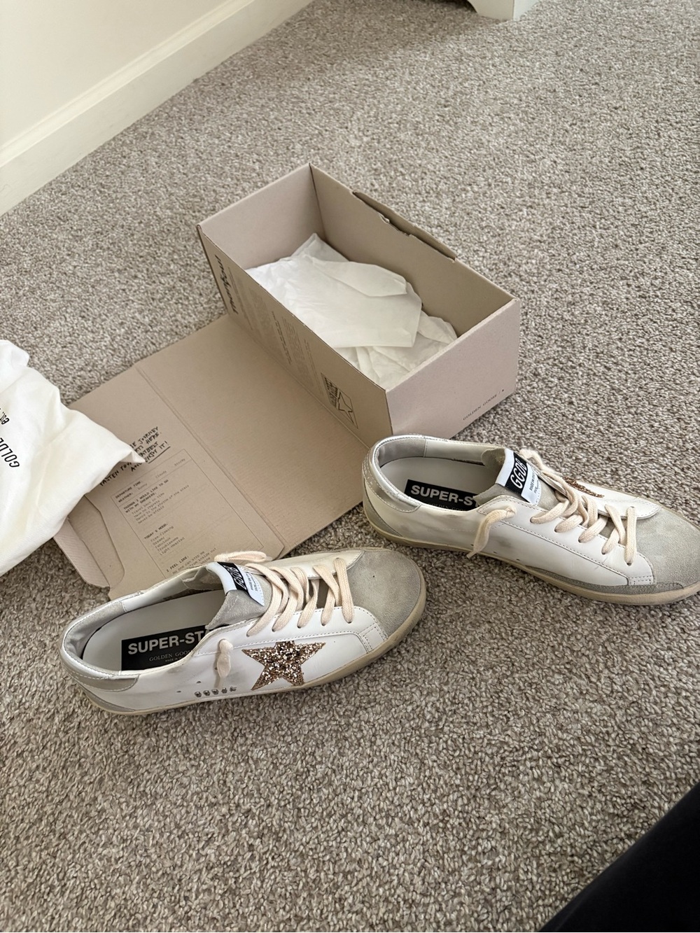 Golden Goose Super-Star Sneakers in White with Glitter Gold Star